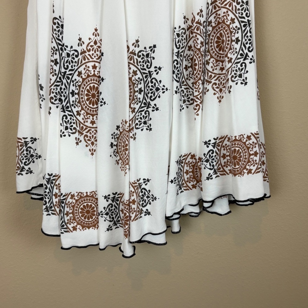 LA Fille Ivory/Black/Brown Boho Flowy Midi Skirt w/ Front Waist Tie; Size 30 (M) - Picture 5 of 7